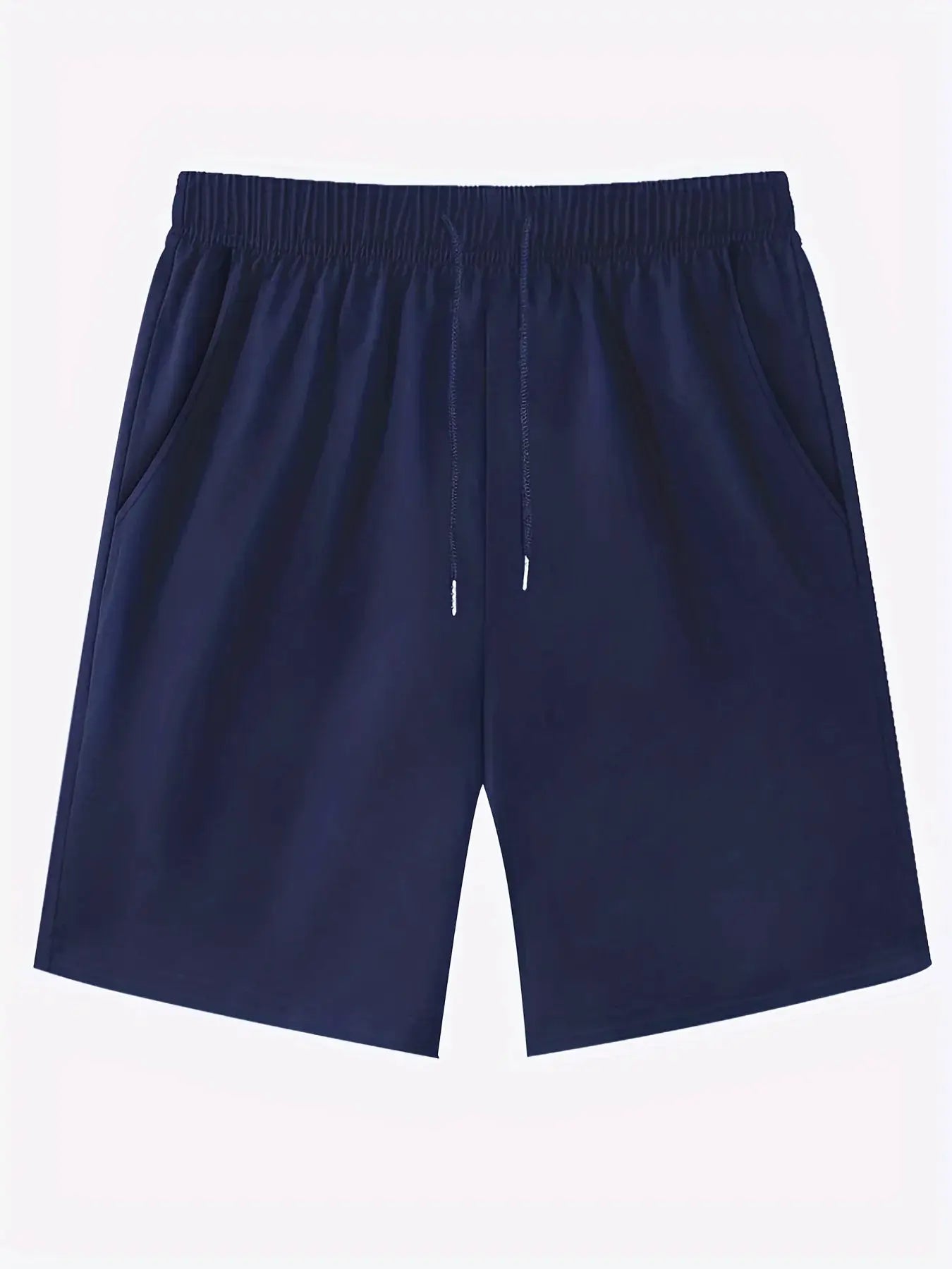 Men's navy blue casual sport shorts with elastic waistband, drawstring and side pockets