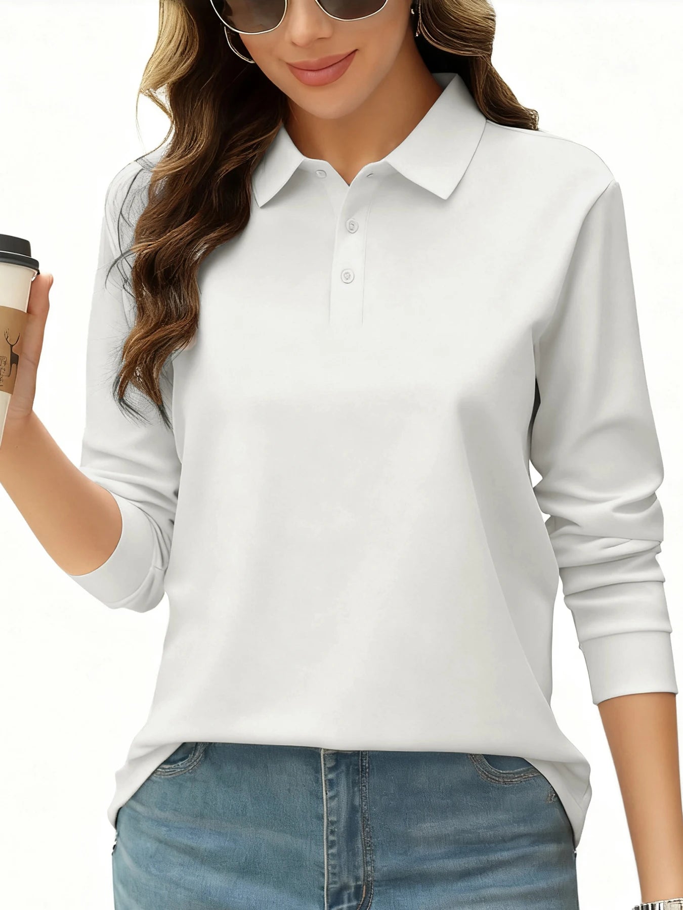 Solid Color Autumn Womens Long Sleeve Polo Shirt Lapel Streetwear