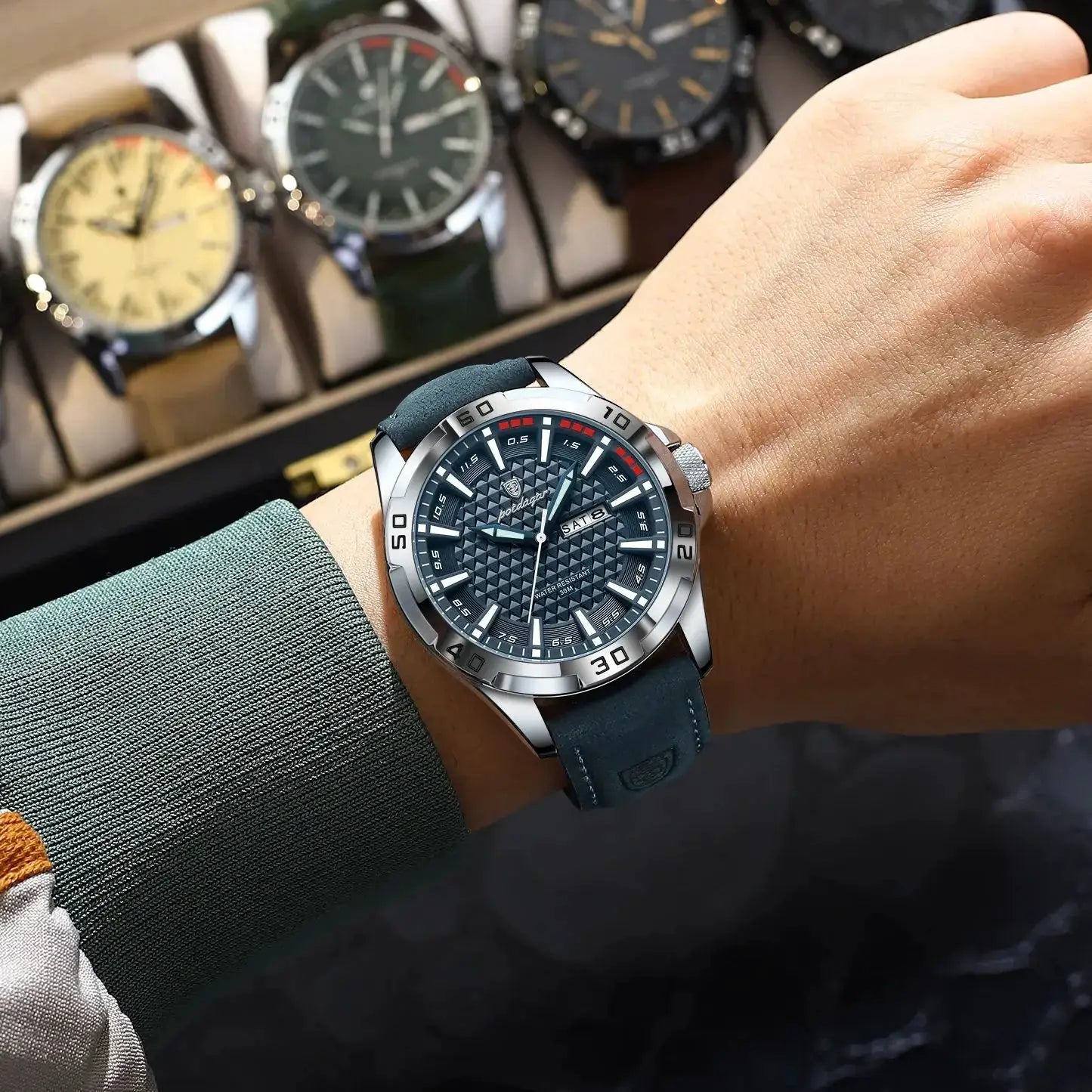 POEDAGAR men's wristwatch with blue leather strap, stainless steel case, dark textured dial and luminous hands