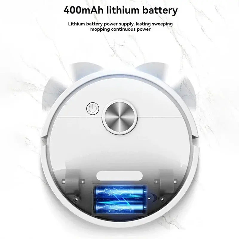 Smart vacuum cleaning robot, white round autonomous mopping/sweeping bot with 400mAh lithium battery, Simples Market.