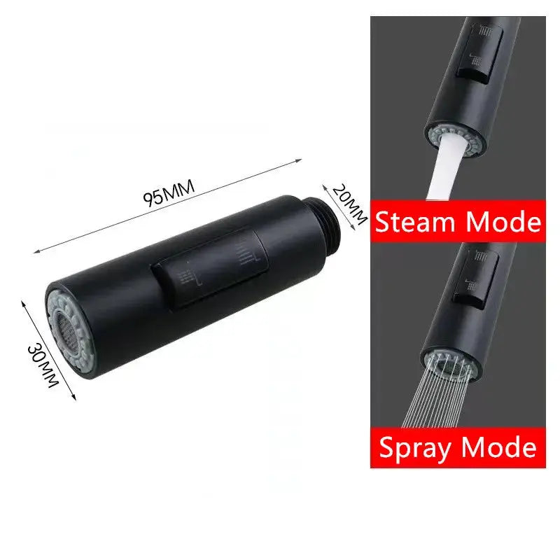 Simples Market black 2-mode kitchen faucet aerator spray head with pull-out nozzle; steam and spray modes shown.