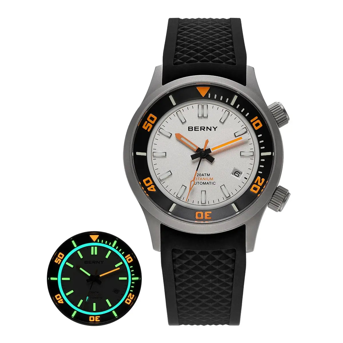 BERNY 20ATM titanium automatic diver watch for men with luminous dial, orange hands, black bezel, rubber strap
