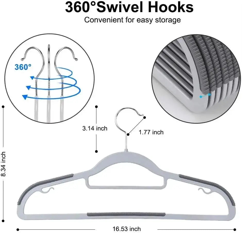 Plastic clothes hanger by Simples Market; gray with anti-slip shoulders, scratch-resistant finish, and 360° swivel hook