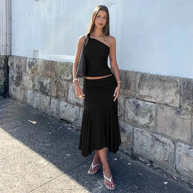 Tossy Pleated Two Piece Off Shoulder Cropped Top And Long Skirt Set