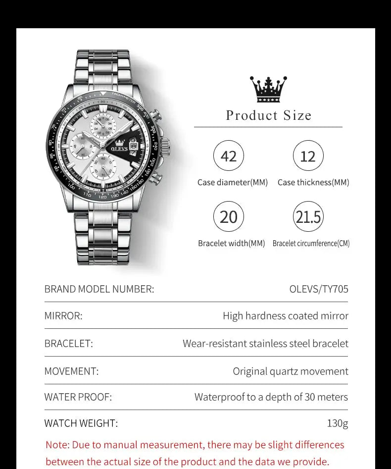 OLEVS TY705 men's stainless steel chronograph watch with silver dial and black bezel, waterproof to 30m.