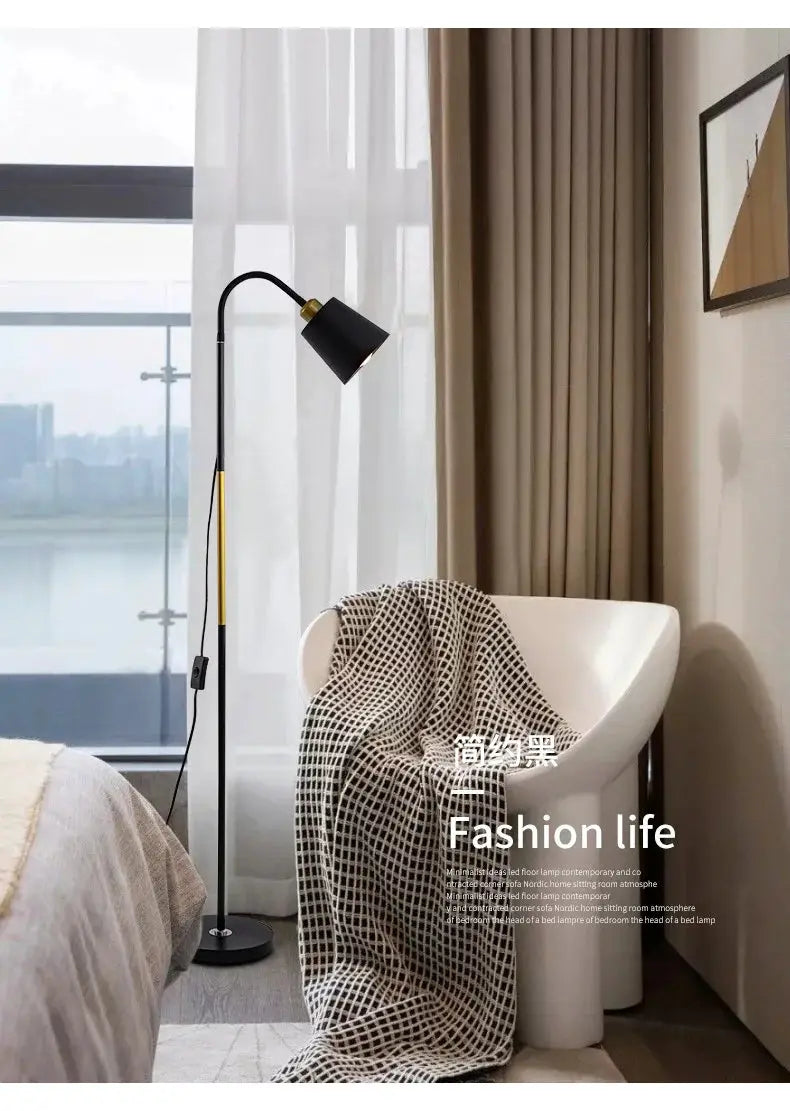 Floor lamp black wrought-iron LED standing lamp with adjustable head for living room