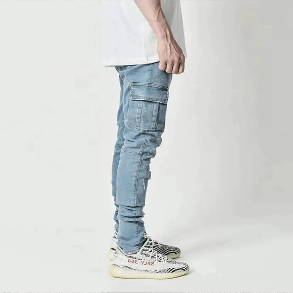 Men's street elastic denim cargo pants with multi pockets, light wash, mid waist, slim jogger fit