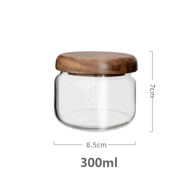 KEMORELA Transparent Glass Storage Jar With Acacia Wood Lid Round Tea Jar For Dried Fruit Snacks Kitchen Organization