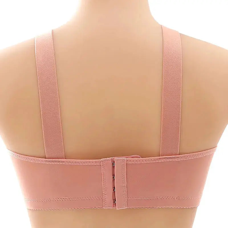 Pink wireless bra with wide back band and 3-hook closure