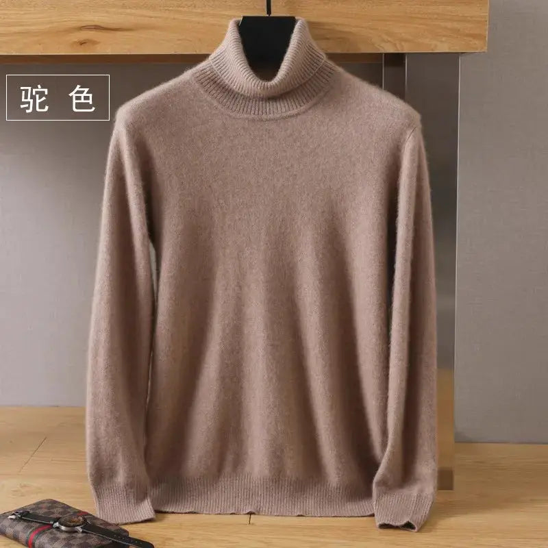 Men's beige mink velvet cashmere sweater with a high ribbed collar and long sleeves