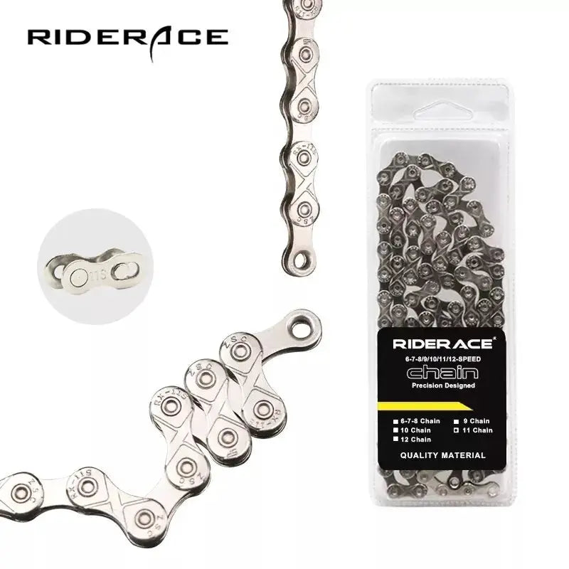 RIDERACE Ultralight Bicycle Chain 116 Links 8 to 12 Speed Silver for Mountain and Road Bikes 24 27 30 Speed Drivetrains