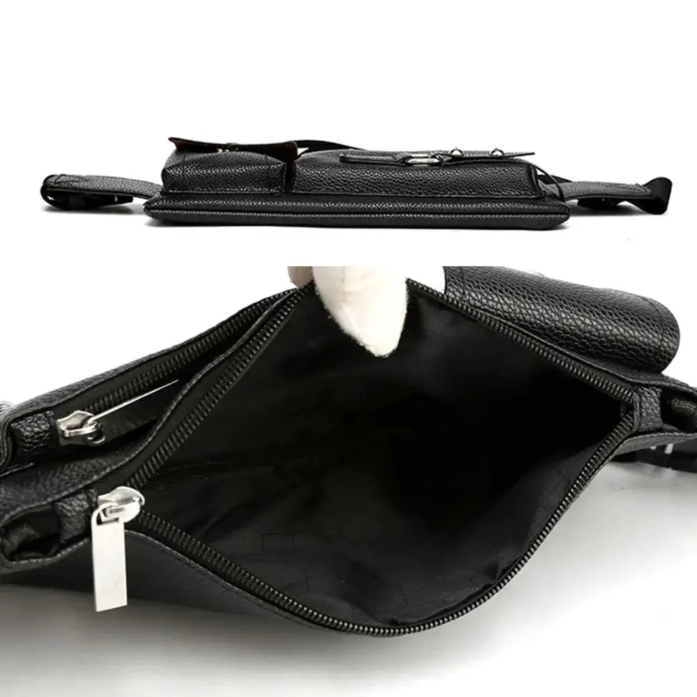 Black leather waist bag, casual fanny pack with roomy main compartment and dual zippers