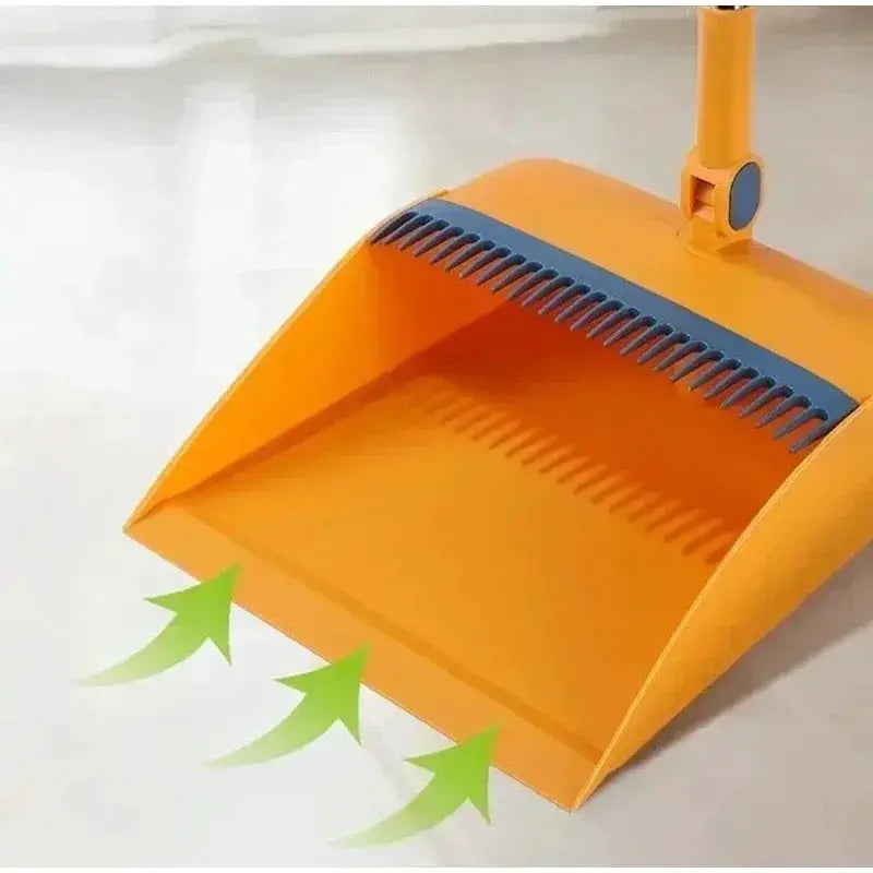Broom and dustpan set, bright orange plastic with blue serrated edge, Simples Market