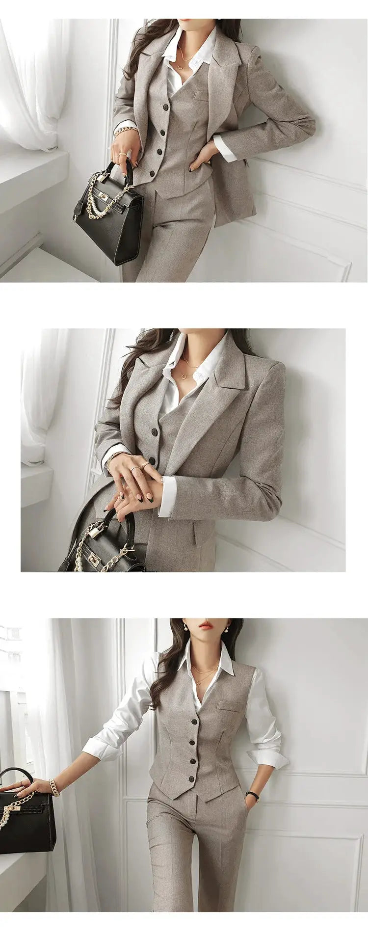Simples Market women's 3-piece beige-gray suit set with blazer, vest, pants and white shirt