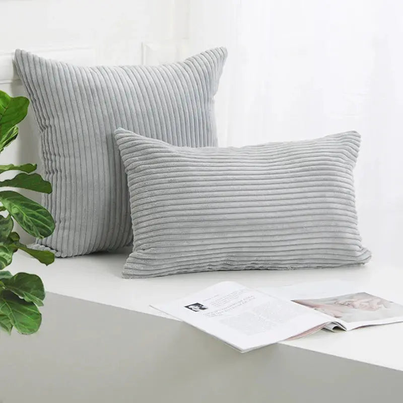 Corduroy striped cushion cover, gray, two soft throw pillow cases for living room sofa decor