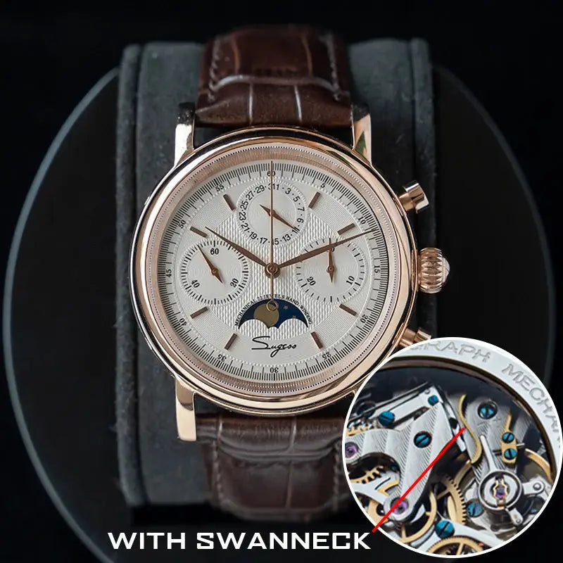 Sugess ST1908 swanneck mechanical chronograph watch with moonphase, rose gold case, brown leather strap