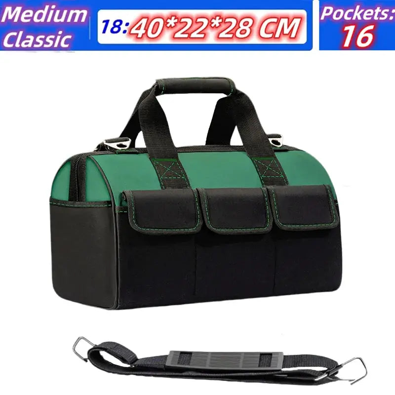 Simples Market tool bag, green and black 1680D Oxford, waterproof wear-resistant tool storage with 3 front pockets