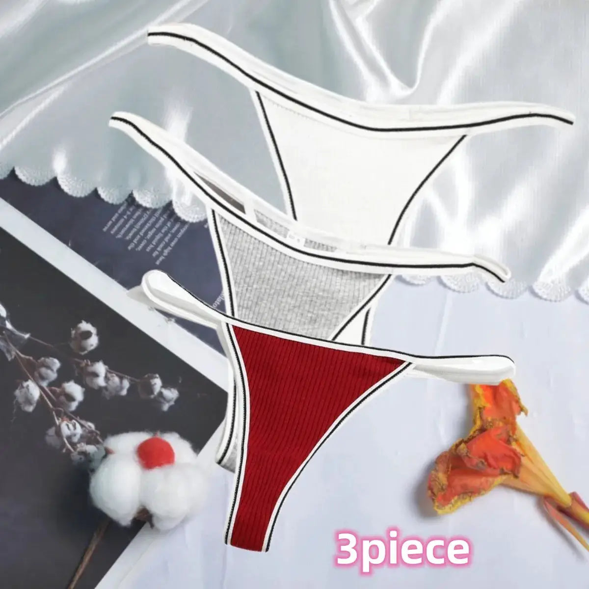 3-piece women's cotton thong underwear set in white, gray, and red; seamless low-rise G-string.