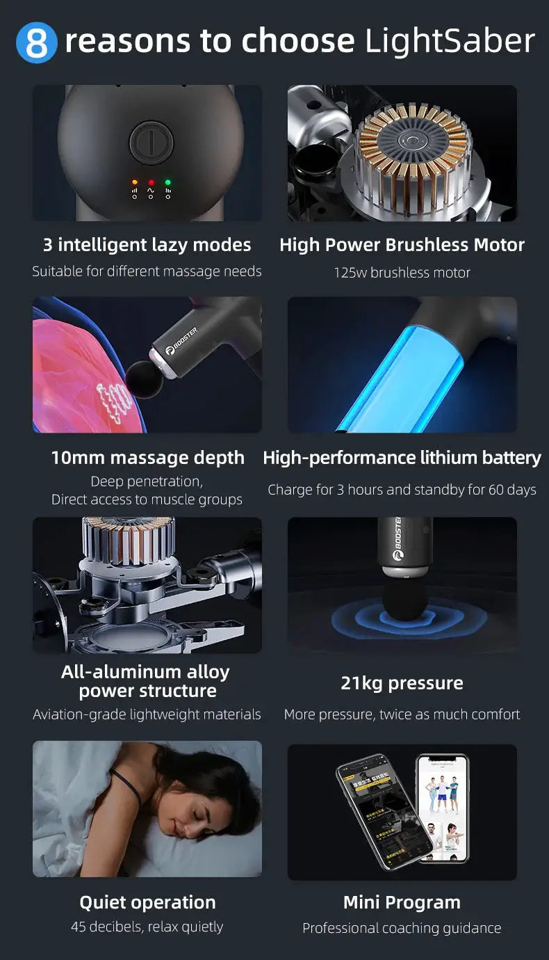 Booster neck massage gun by Simples Market; electric muscle massager with 7.4V battery, brushless motor, aluminum body.
