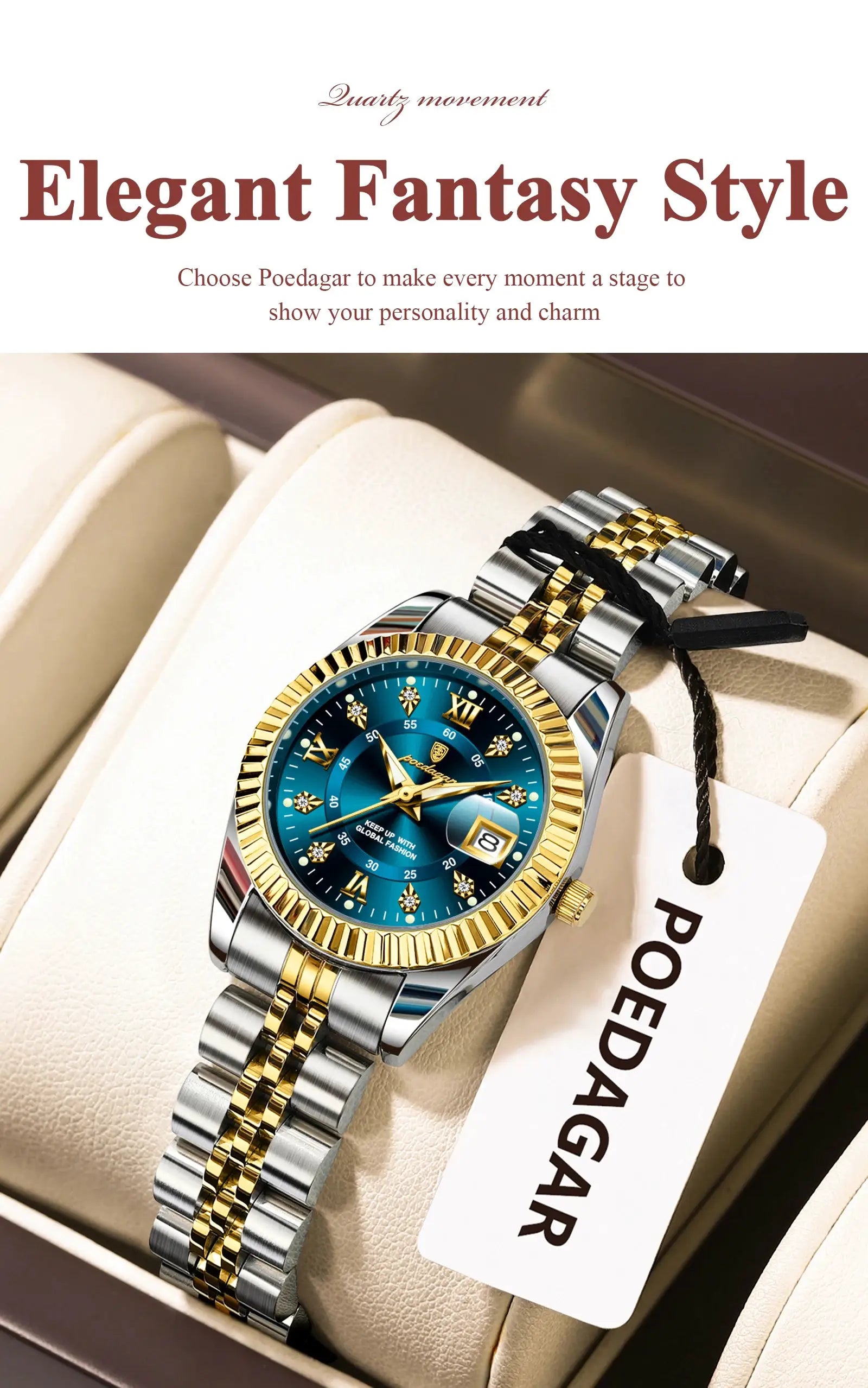 POEDAGAR women's luxury watch with two-tone stainless steel bracelet, blue dial, gold bezel, and date window