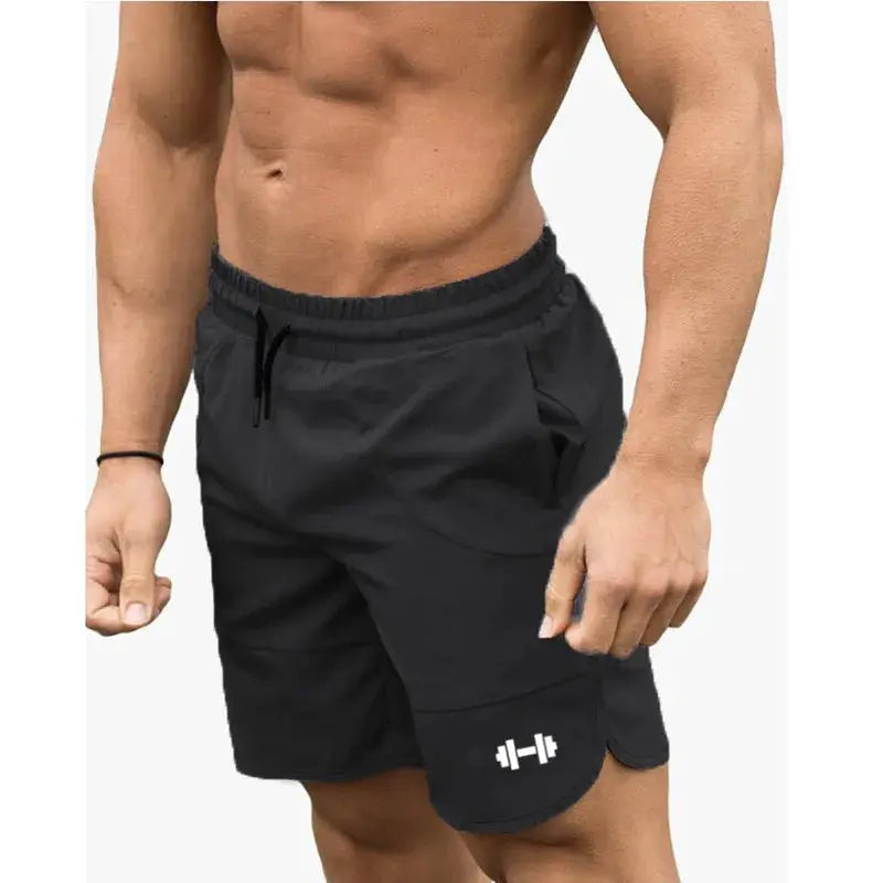 Simples Market men's black gym shorts with drawstring waist and white dumbbell graphic.