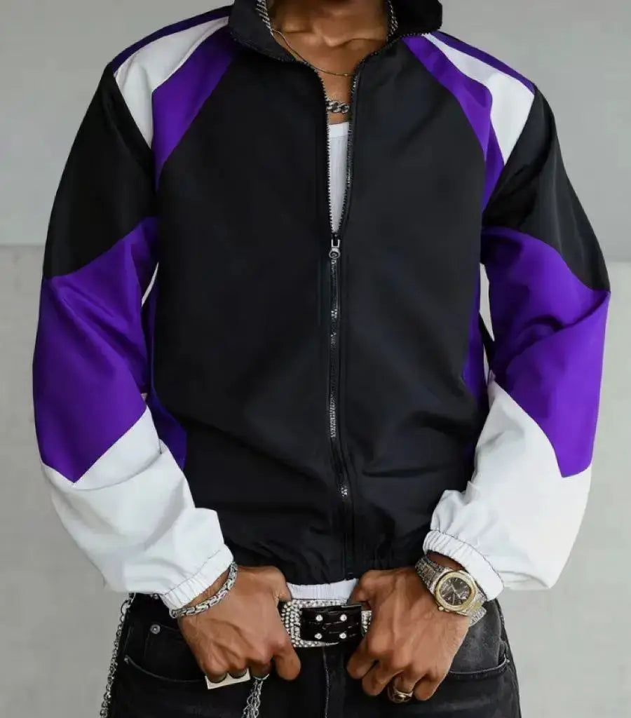 Men's color-blocked lightweight windproof jacket with purple and white sleeve panels.
