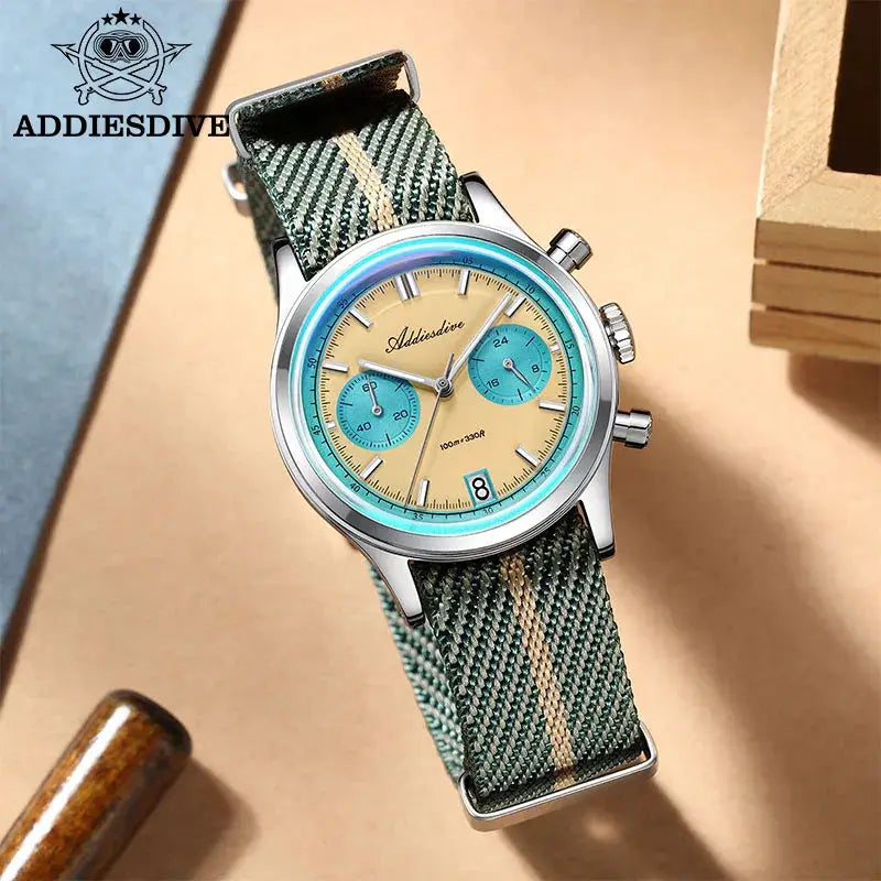Addiesdive men's chronograph wristwatch with beige dial, blue sub-dials, turquoise bezel, and green striped NATO strap