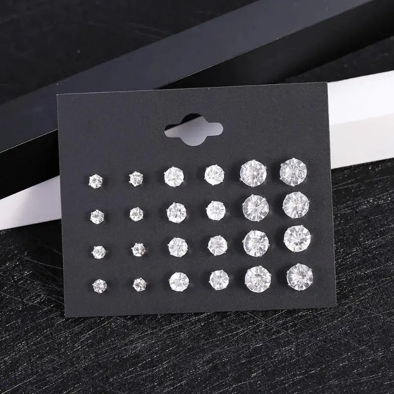 12-pair white crystal stud earrings set, unisex, assorted sizes on black display card