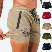 Men's beige printed gym shorts with side zip pocket, drawstring, and leg logo graphic; six color options