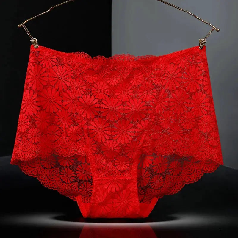 Red lace high-waisted women's underwear panties with floral pattern, plus size