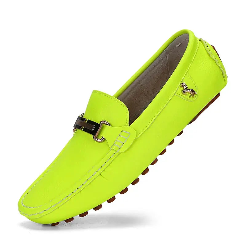 Men's lime green PU leather loafer with horsebit detail and studded brown sole, Simples Market.