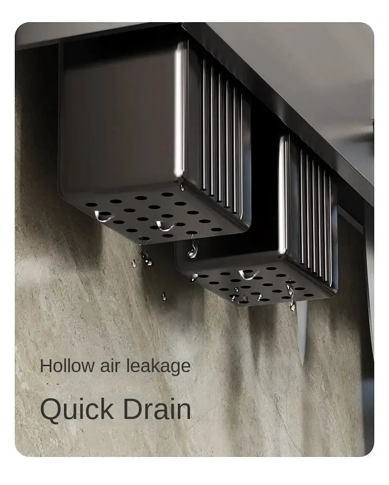 Tool-free wall-mounted kitchen shelf in stainless steel with perforated drainage trays for knives and tools