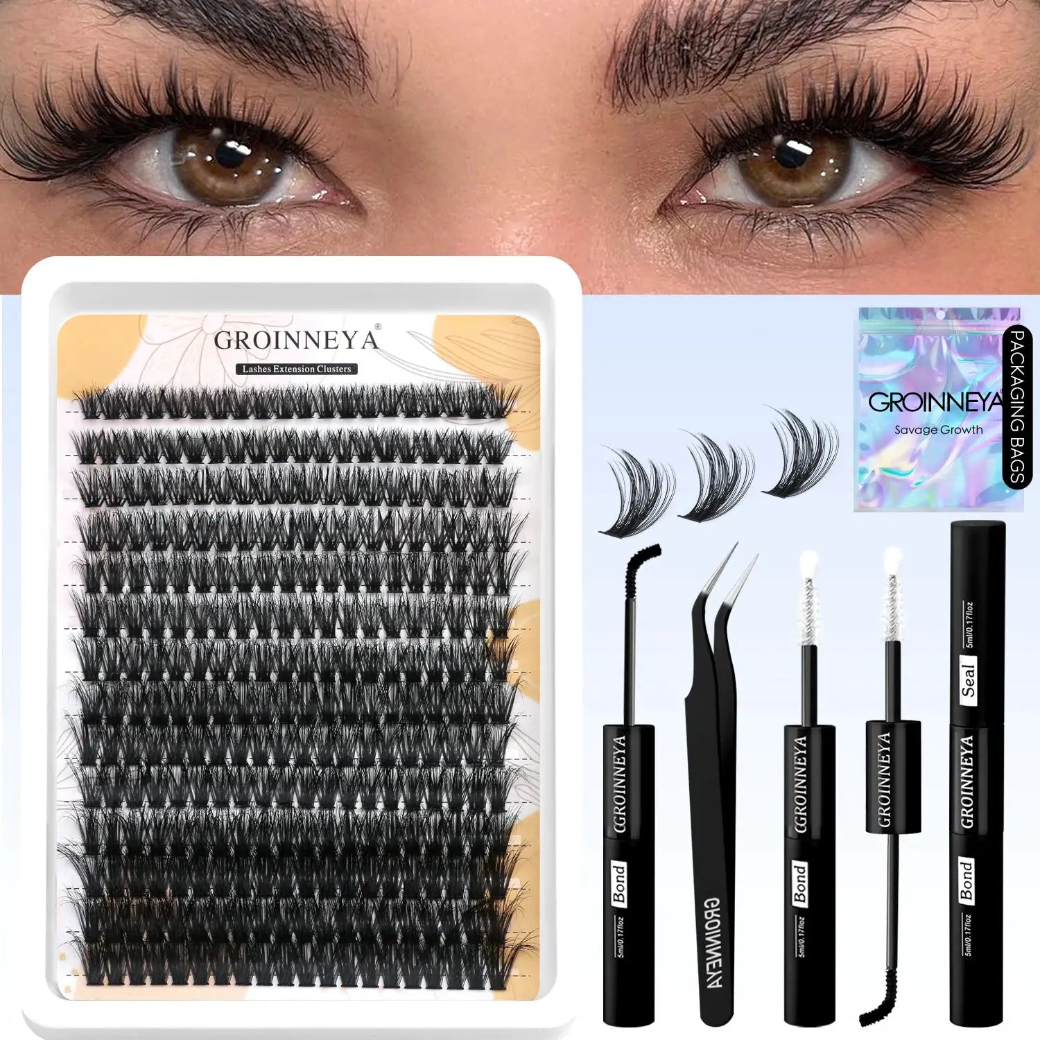 GROINNEYA Lash Clusters Kit Waterproof Strong Hold DIY Lash Extension Kit Bond And Seal Eyelash Tweezers Makeup
