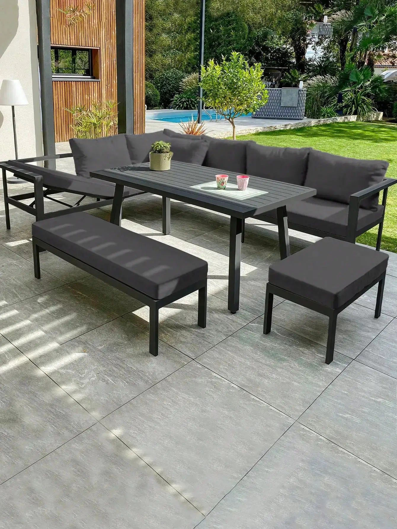 Outdoor sofa cushion covers by Simples Market; dark gray, non-slip replacement cushions for individual seats.