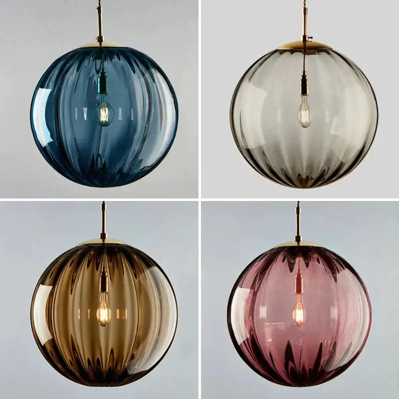Simples Market modern LED pendant light: glass ball pendant in blue, clear, amber, and pink (set of 4)