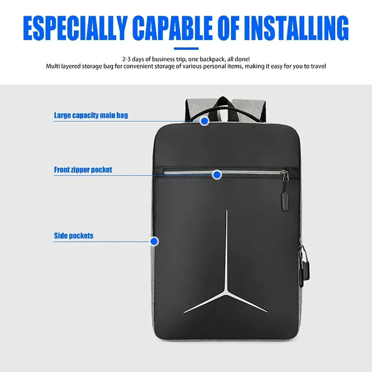 Backpack, black with front zipper pocket, side pockets, and large capacity main bag