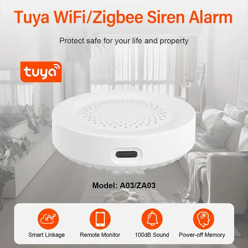 Tuya Zigbee WiFi Siren Alarm, white circular smart siren with USB-C port and 100dB sound
