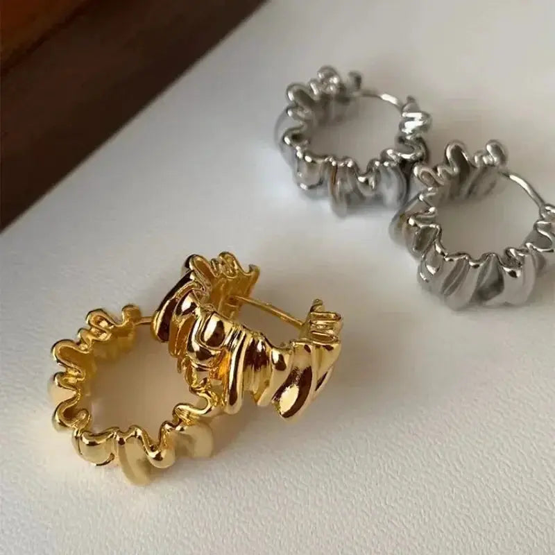 Irregular Wavy Pleated Hoop Earrings For Women Stainless Steel Gold Color Charm Dangle Jewelry Accessories Gift