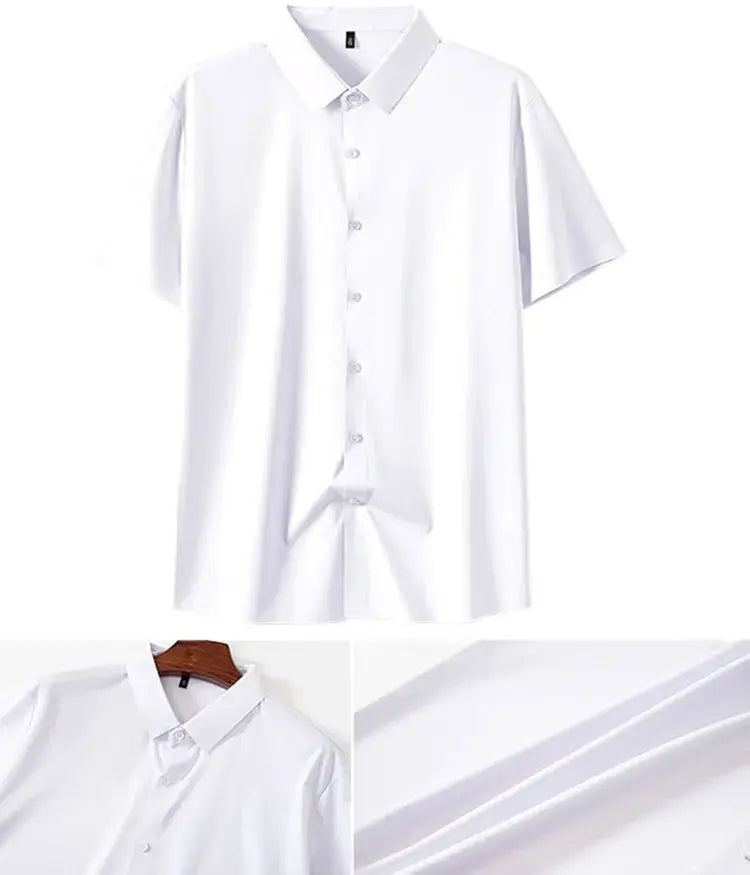 Men's white short-sleeve dress shirt, button-down front, wrinkle-free fabric