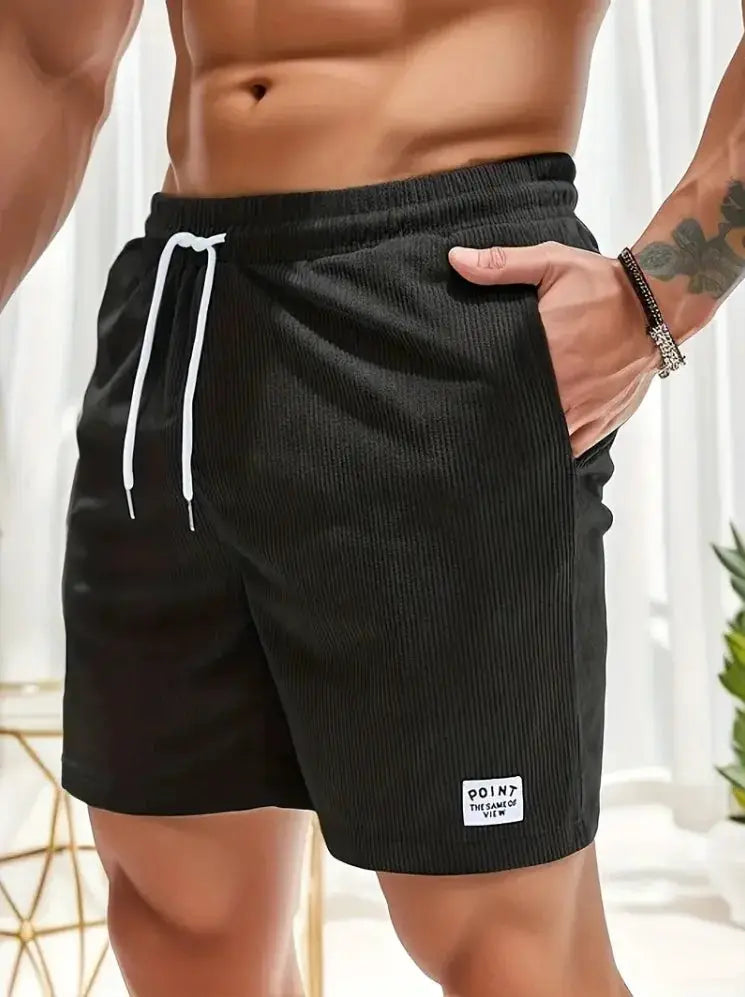 Men's black corduroy shorts with white drawstring, lightweight loose-fit beach board shorts