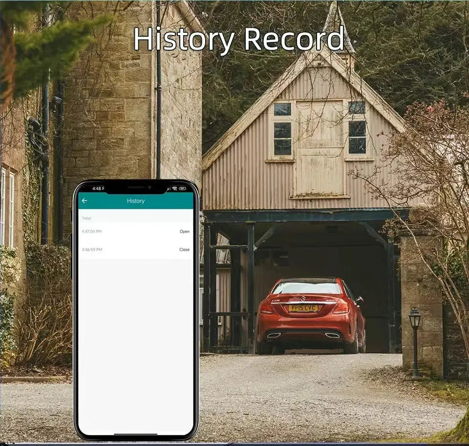 Smart WiFi garage door opener with phone showing history log in app; red car in a garage