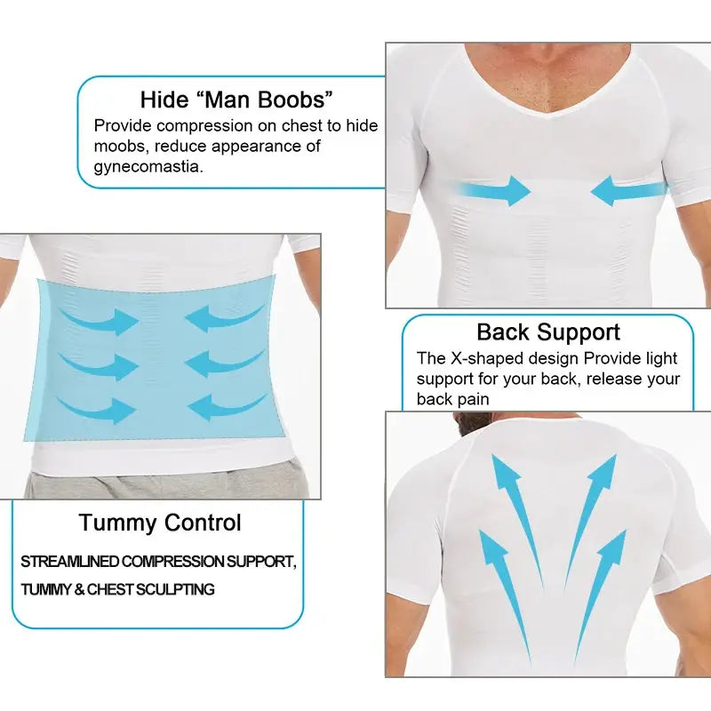 Men's white slimming compression shirt with tummy control and back support