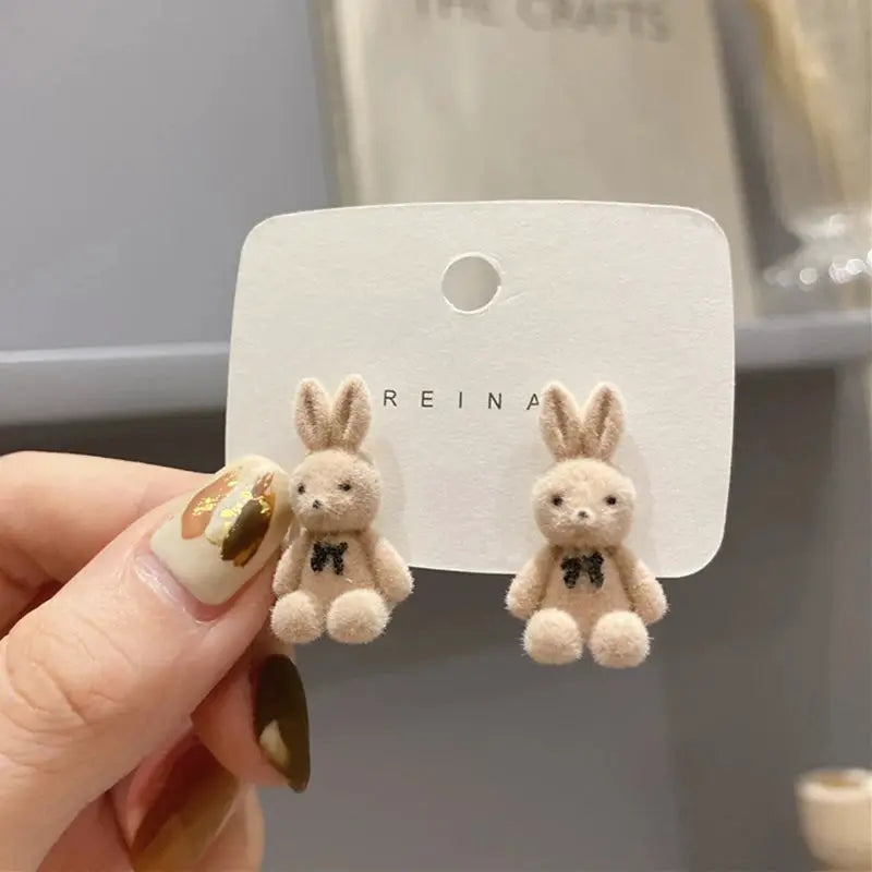 New Design Cute Flocking Plush Rabbit Stud Earrings For Women Korean Fashion Brown Jewelry Gift Party