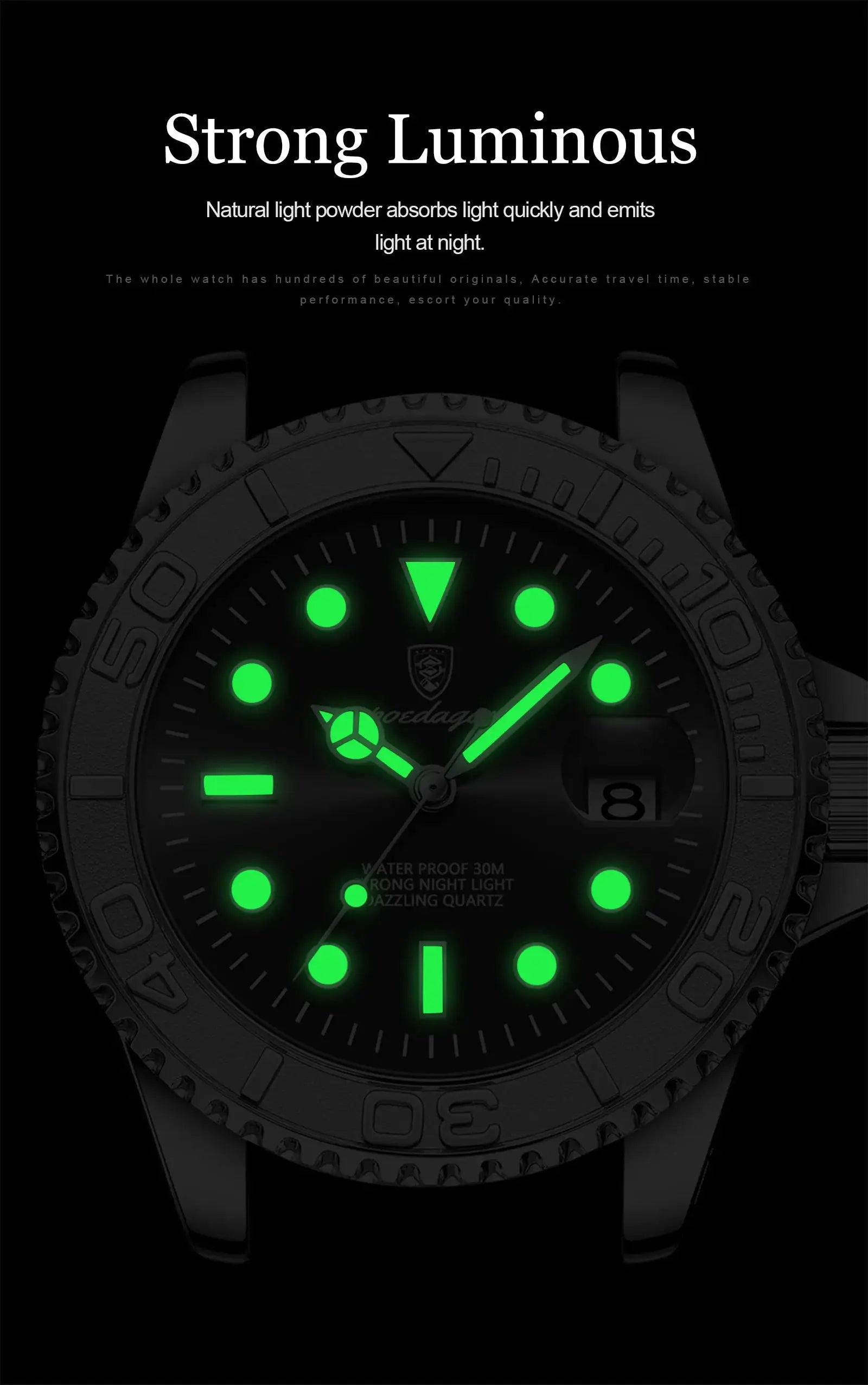 POEDAGAR men's luxury quartz watch with stainless steel case, green luminous markers and date window