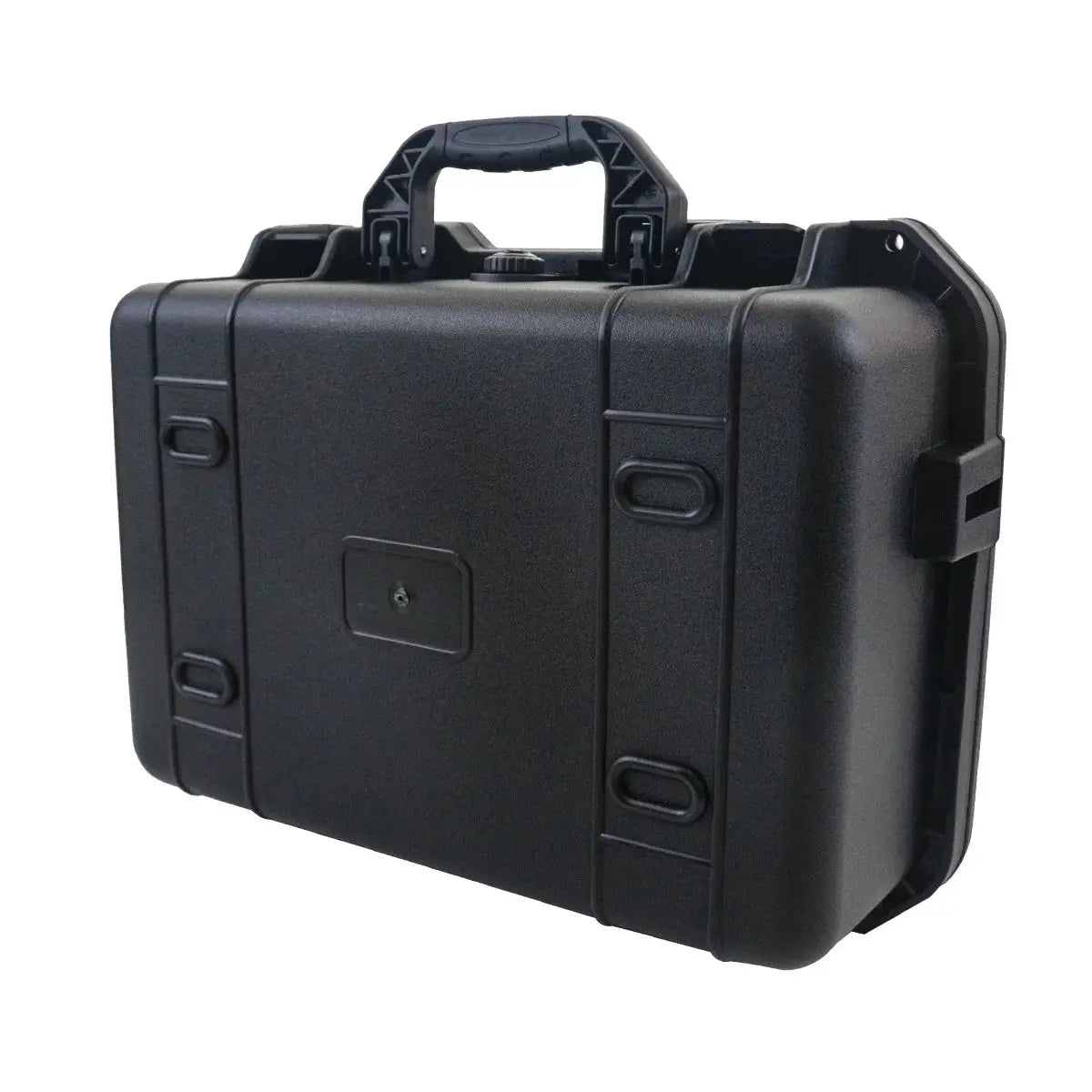 Waterproof hard tool case, black plastic with carrying handle and secure latches