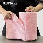 Pink microfiber cleaning wipes roll, 1 roll/20pcs, reusable high-absorbency kitchen towels for dishes