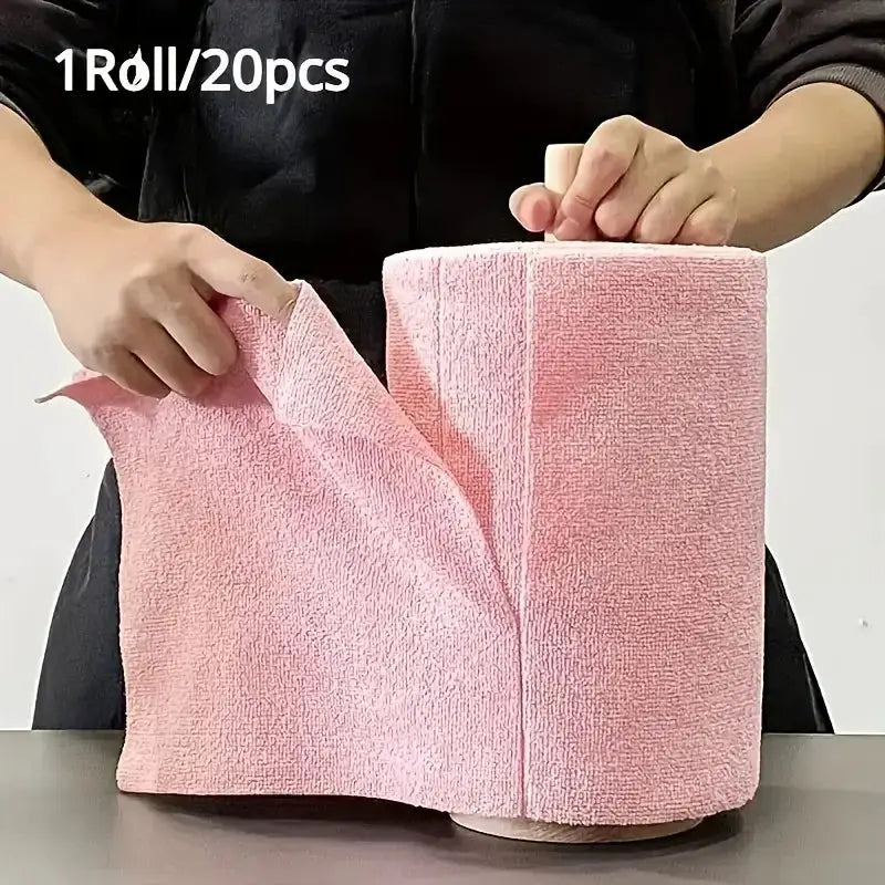 Pink microfiber cleaning wipes roll, 1 roll/20pcs, reusable high-absorbency kitchen towels for dishes