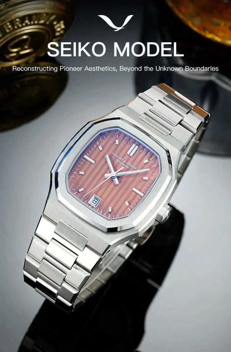 Specht&Sohne stainless steel 37mm automatic watch with pink textured dial, date window, 50m water resistant