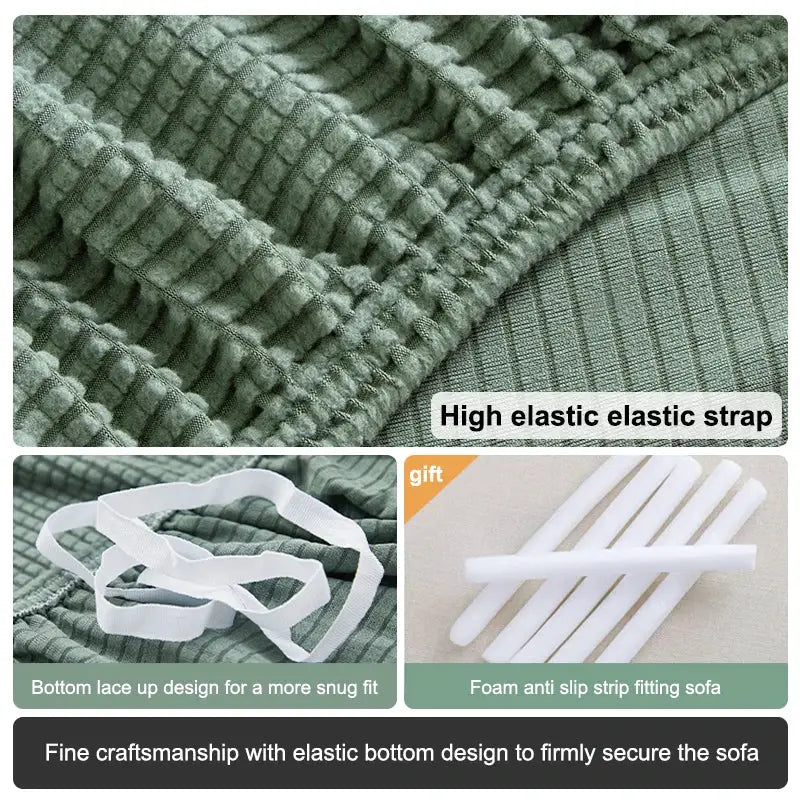 Simples Market green elastic jacquard sofa cover for 1–5 seater with bottom lace-up straps and foam anti-slip strips