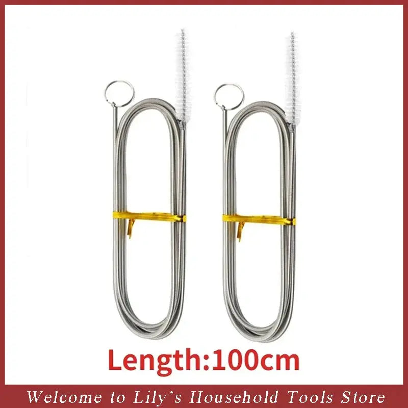 Long flexible refrigerator drain dredge tool, stainless steel, 100 cm, set of two